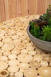 Orsina Round Teak Table with Black Iron Frame, Rustic Teak‑Inlaid Top & Minimalist Iron Base in Natural - thumbnail 2