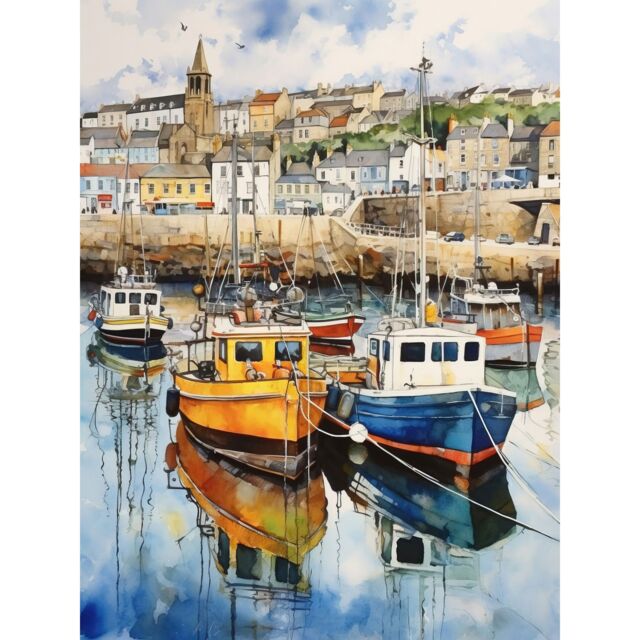 "Artery8 Wall Art Print Penzance Harbour Trawler Boats Promenade Watercolour Painting Cornwall Coastal Townscape Poster - Size: W24"" x H32""" - image 1