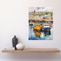 "Artery8 Wall Art Print Penzance Harbour Trawler Boats Promenade Watercolour Painting Cornwall Coastal Townscape Poster - Size: W24"" x H32""" - thumbnail 2