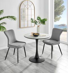 FurnitureboxUK Elina White Marble Effect Scratch Resistant Dining Table & 2 Nora Black Leg Velvet Chairs in Light Grey - thumbnail 1