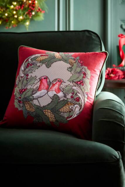 Laurence Llewelyn-Bowen 'Festive Robin' Velvet Chirstmas Filled Cushion in Red - Size: 43 cm x 43 cm - image 1