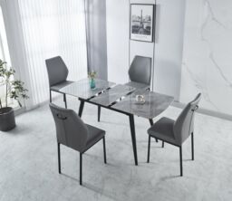 Modernique Sintere Stone Top Extending Table & 4 Faux Leather Chairs Dining Set in Grey