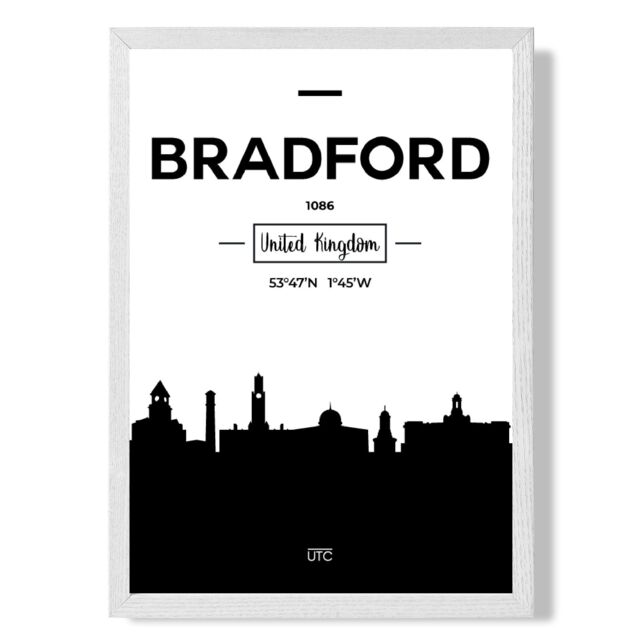 ARTZE Bradford Black & White City Skyline Framed Print SIZE: A4 with White Frame - image 1