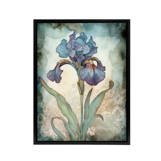 "Artery8 Blue Iris Flower Floral Art Nouveau Framed Canvas Wall Art Print - Size: W12"" x H16""" - image 1
