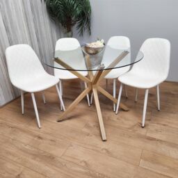 KOSY KOALA Round Glass Dining Table Set With 4 White Gem Pattern Chairs Dining Room Furniture in Clear - thumbnail 7