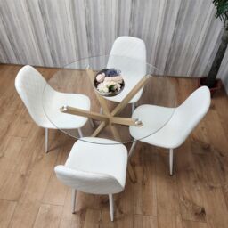 KOSY KOALA Round Glass Dining Table Set With 4 White Gem Pattern Chairs Dining Room Furniture in Clear - thumbnail 6