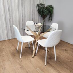 KOSY KOALA Round Glass Dining Table Set With 4 White Gem Pattern Chairs Dining Room Furniture in Clear - thumbnail 1