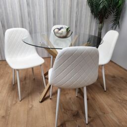 KOSY KOALA Round Glass Dining Table Set With 4 White Gem Pattern Chairs Dining Room Furniture in Clear - thumbnail 4