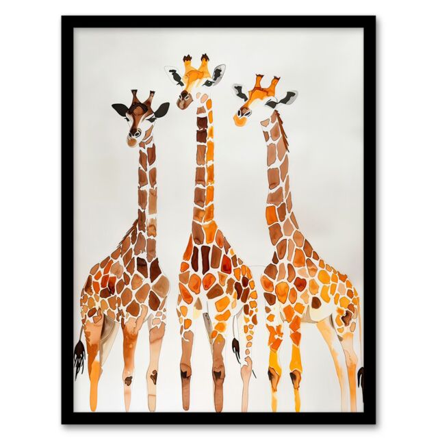 "Artery8 Group of Giraffes Bright Watercolour Safari Framed Wall Art in Brown - Size: W12"" x H16""" - image 1