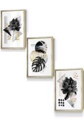 ARTZE Set of 3 Gold Framed Abstract Black & Gold Botanical Wall Art - Size: W45 cm x H62 cm x D20mm