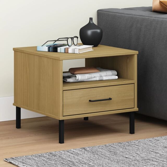 Berkfield Home Bedside Table with Metal Legs Brown Solid Wood Pine OSLO - image 1
