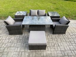 Fimous Outdoor Garden Dining Sets Rattan Patio Furniture Sofa Set with Rising Lifting Table 2 Side Tables in Dark Grey - thumbnail 1