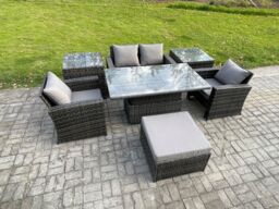 Fimous Outdoor Garden Dining Sets Rattan Patio Furniture Sofa Set with Rising Lifting Table 2 Side Tables in Dark Grey - thumbnail 2