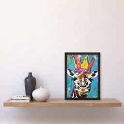 Artery8 Giraffe With Queen Birthday Crown Modern Pop Art Artwork Framed Wall Art Print A4 in Black - thumbnail 2
