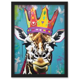 Artery8 Giraffe With Queen Birthday Crown Modern Pop Art Artwork Framed Wall Art Print A4 in Black - thumbnail 1