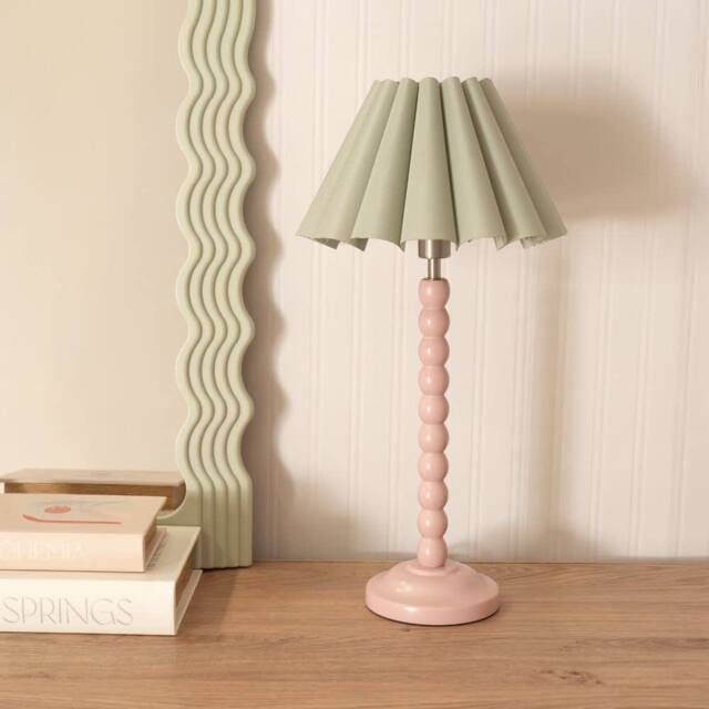ValueLights Bobbins Rose Pink Table Lamp with Scallop Taper Shade & Bulb in Pale Green - image 1