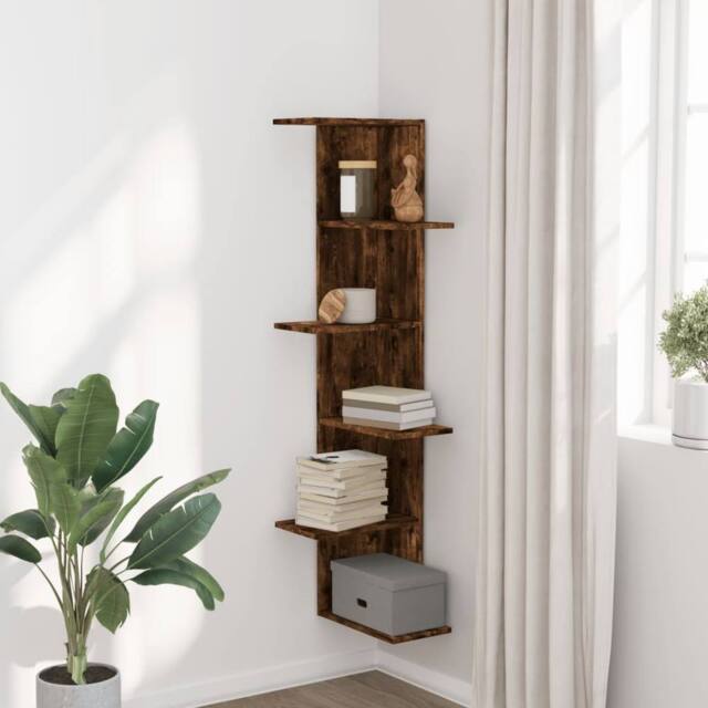 Berkfield Home Wall Corner Shelf Smoked Oak 36.5x36.5x140 cm Engineered Wood in Brown - image 1