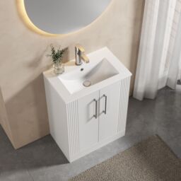Balterley Vanity Unit w/ Basin Floor Standing, Soft Close 2 Door w/ Rectangular Sink, Bathroom Vanity Units w/ Basin, Partial Fluted Sink Cabinet - thumbnail 3