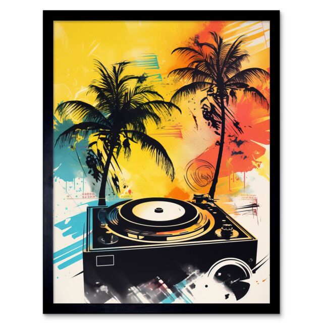 "Artery8 Wall Art Print Music Under Palm Trees Tropical Beach Party Modern Watercolour Painting Art Framed in Black - Size: W12"" x H16""" - image 1