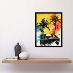 "Artery8 Wall Art Print Music Under Palm Trees Tropical Beach Party Modern Watercolour Painting Art Framed in Black - Size: W12"" x H16""" - thumbnail 2