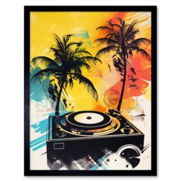 "Artery8 Wall Art Print Music Under Palm Trees Tropical Beach Party Modern Watercolour Painting Art Framed in Black - Size: W12"" x H16""" - thumbnail 1
