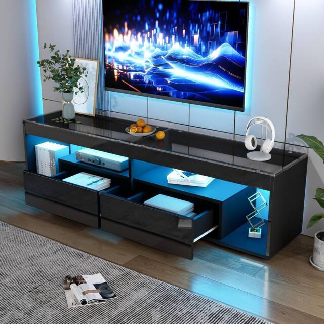BTM Black High Gloss TV Stand with LED & Glass Top - image 1