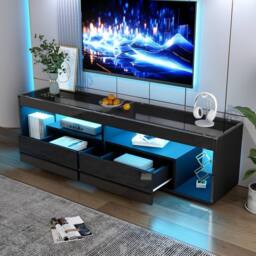 BTM Black High Gloss TV Stand with LED & Glass Top