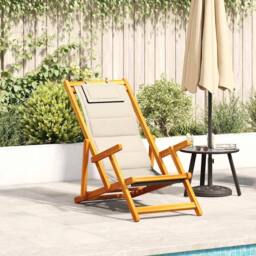 Berkfield Home Folding Beach Chair with Armrests Cream Acacia Wood & Textilene - thumbnail 2