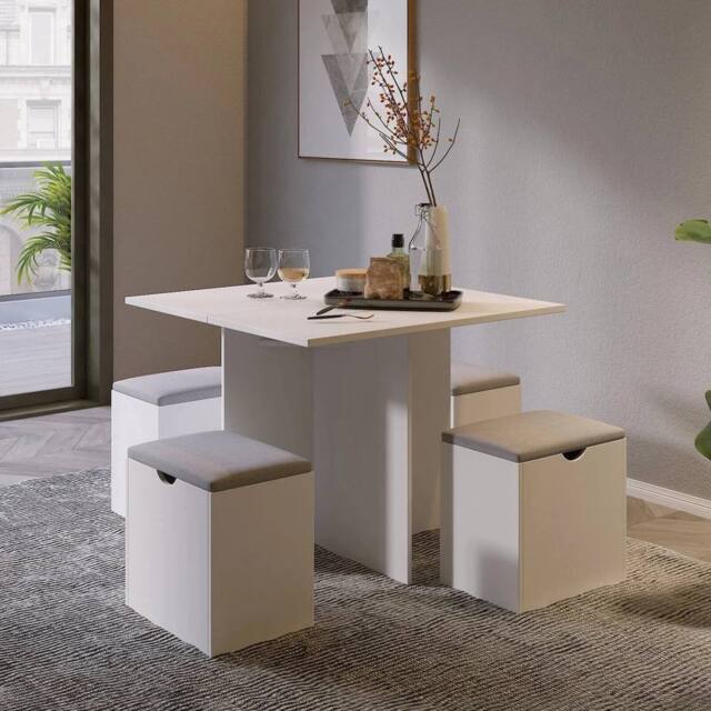 EONLION 5 PCS Wooden Dining Table Set in White - Size: 100 cm - image 1