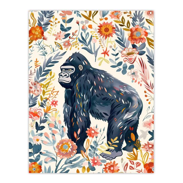 "Artery8 Gorilla Ape with Wildflowers Floral Watercolour Wall Art Print - Size: W12"" x H16""" - image 1