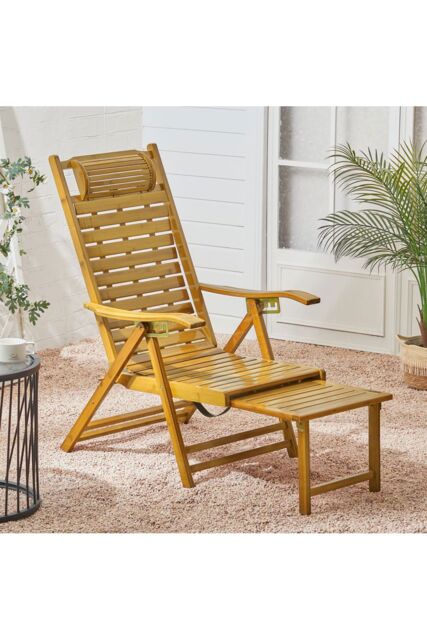Living and Home Bamboo Folding Lounge Chair Recliner with Retractable Footrest in Natural
