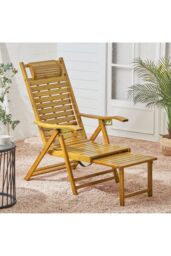 Living and Home Bamboo Folding Lounge Chair Recliner with Retractable Footrest in Natural - thumbnail 1