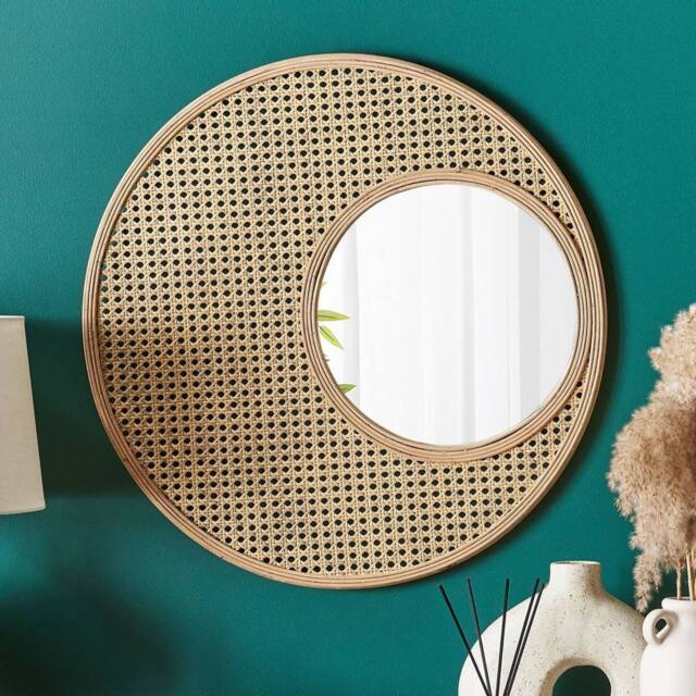 Wyld and Coco Bamboo Frame Rattan Wall Mirror - Round Rustic Modern in Brown - image 1