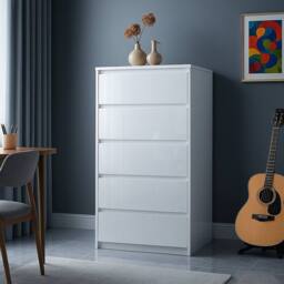 Harmin WHITE LUXURY 5 DRAWER HIGH GLOSS CHEST - PREMIUM HANDLELESS DESIGN