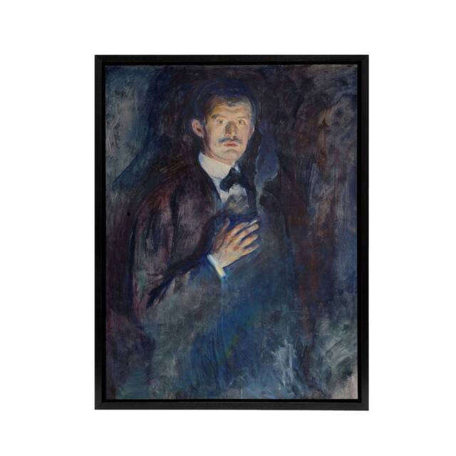 "Artery8 Self Portrait with Cigarette Munch Black Framed Canvas Wall Art in Blue - Size: W12"" x H16""" - image 1