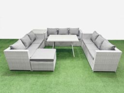 Fimous 10 Seat Patio PE Rattan Garden Furniture with Side Table Big Stool in Light Grey - thumbnail 1