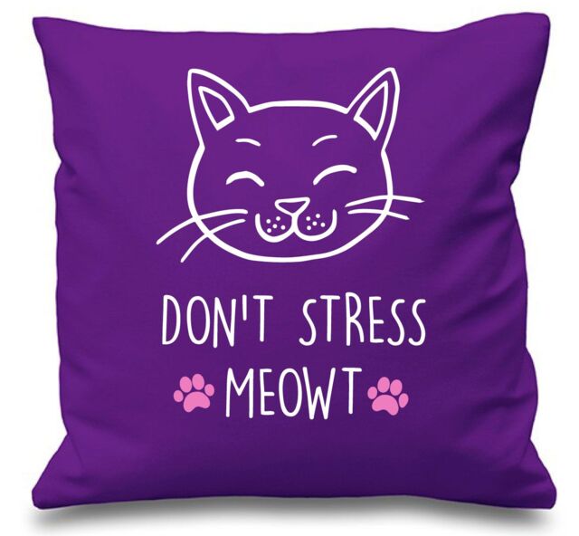 "60 SECOND MAKEOVER Purple Cushion Cover Cat Don't Stress Meowt 16"" x 16"" Mum Friend Gift Decorative - Size: 40 cm x 40 cm"