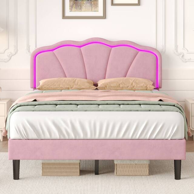 Merax 4ft6 Double Scalloped Velvet Upholstered Bed Frame with Smart LED in Pink - image 1