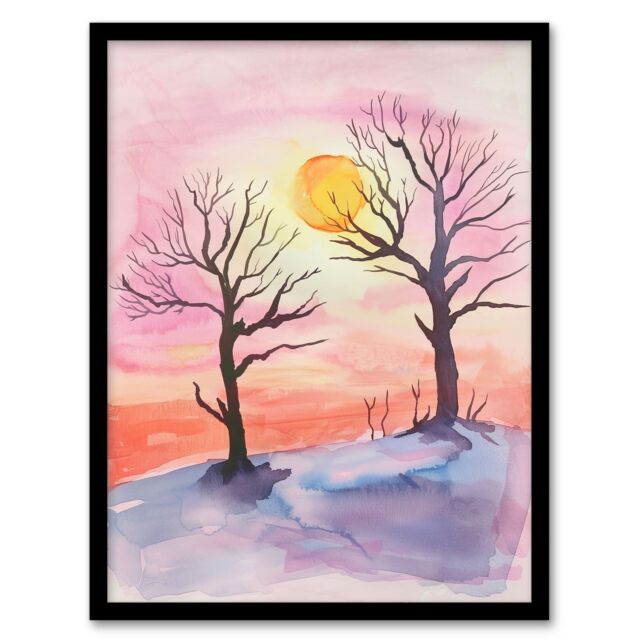 Artery8 Sun Rising Over Two Winter Trees Snow Landscape Framed Art Print in Pink - Size: A4 - image 1