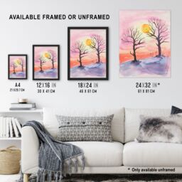 Artery8 Sun Rising Over Two Winter Trees Snow Landscape Framed Art Print in Pink - Size: A4 - thumbnail 3