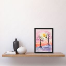 Artery8 Sun Rising Over Two Winter Trees Snow Landscape Framed Art Print in Pink - Size: A4 - thumbnail 4