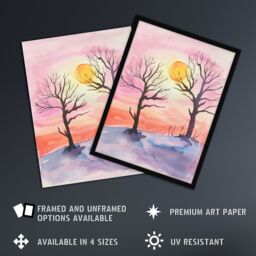 Artery8 Sun Rising Over Two Winter Trees Snow Landscape Framed Art Print in Pink - Size: A4 - thumbnail 2