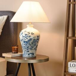 Wyld and Coco 55cm Bedside Lamp Hand Painted White and Blue Porcelain Base Linen - thumbnail 1