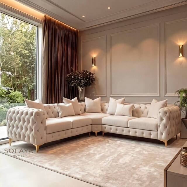 Sofaya Monaco Chesterfield 5 Seater Corner Sofa Couch Velvet Chaise in Cream - Size: 220 cm x 70 cm - image 1