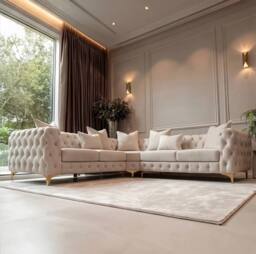 Sofaya Monaco Chesterfield 5 Seater Corner Sofa Couch Velvet Chaise in Cream - Size: 220 cm x 70 cm - thumbnail 2