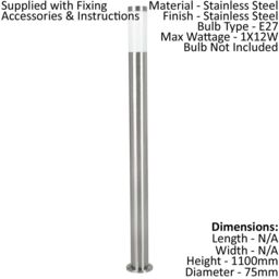 Loops IP44 Outdoor Bollard Light Stainless Steel 12W E27 1100mm Driveway Lamp Post in Metallics - thumbnail 2