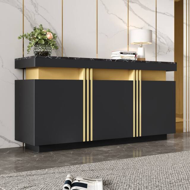 Merax Sideboard with Marble Effet Top - 140cm 3-Door Luxury Buffet Cabinet in Black - image 1