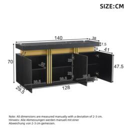 Merax Sideboard with Marble Effet Top - 140cm 3-Door Luxury Buffet Cabinet in Black - thumbnail 2