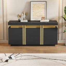 Merax Sideboard with Marble Effet Top - 140cm 3-Door Luxury Buffet Cabinet in Black - thumbnail 6