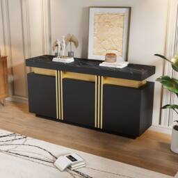 Merax Sideboard with Marble Effet Top - 140cm 3-Door Luxury Buffet Cabinet in Black - thumbnail 5